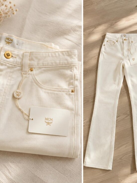 MCM Denim - MCM Cream High-Rise Jeans with Gold Accents